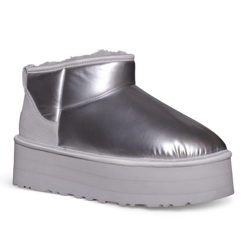 UGG Ultra Minis Platform Metallic Silver Suede Boots Size 9 NWT - Picture 3 of 5
